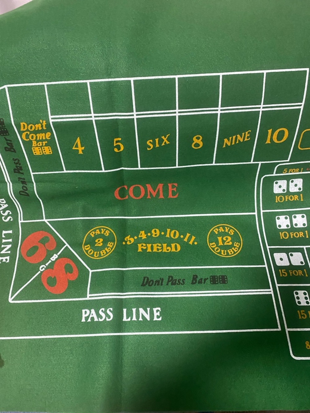 Craps Felt Layout Game Mat - Green Felt 36x72 one sided